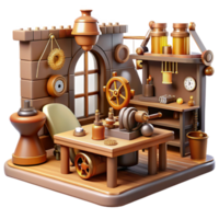 beautiful artistic A steampunk workshop, cluttered with tools, gears, and half-finished inventions, warm, natural lighting, realistic style exclusive png