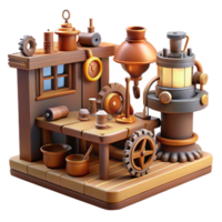 beautiful traditional A steampunk workshop, cluttered with tools, gears, and half-finished inventions, warm, natural lighting, realistic style original png