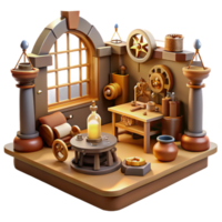 wonderful abstract A steampunk workshop, cluttered with tools, gears, and half-finished inventions, warm, natural lighting, realistic style 4K png