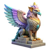stunning creative A majestic griffin with iridescent feathers, perched atop a crumbling ziggurat bathed in the golden light of a setting sun. Intricate Art Deco style professional png
