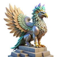 serene contemporary A majestic griffin with iridescent feathers, perched atop a crumbling ziggurat bathed in the golden light of a setting sun. Intricate Art Deco style genuine png