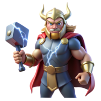 magnificent traditional Thor, the Norse god of thunder, wielding Mjolnir amidst a raging thunderstorm, illuminated by lightning strikes. Comic book style genuine png