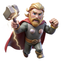 beautiful minimalist Thor, the Norse god of thunder, wielding Mjolnir amidst a raging thunderstorm, illuminated by lightning strikes. Comic book style original png