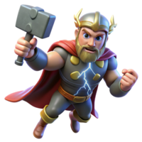 extraordinary minimalist Thor, the Norse god of thunder, wielding Mjolnir amidst a raging thunderstorm, illuminated by lightning strikes. Comic book style professional png