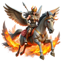 magnificent minimalist A powerful Valkyrie riding a winged horse through a fiery battlefield, illuminated by the glow of burning buildings. Epic fantasy art style genuine png