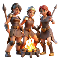 serene classic A group of Amazons preparing for battle, adorned with leather armor and wielding spears, illuminated by the warm glow of a campfire. Realistic style high quality png