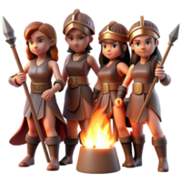 wonderful minimalist A group of Amazons preparing for battle, adorned with leather armor and wielding spears, illuminated by the warm glow of a campfire. Realistic style original png