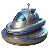 serene classic A futuristic hovercraft parked on a rooftop helipad, sleek metallic design, cityscape backdrop professional png