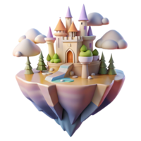impressive rustic A floating island with castles and waterfalls, soft pastel colors, fantasy art style, golden hour lighting, bird's-eye view professional png