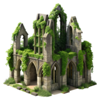 vibrant minimalist A crumbling gothic cathedral overgrown with ivy, dappled sunlight, hyperrealistic, intricate details, aerial perspective detailed png