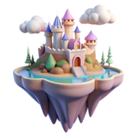 extraordinary minimalist A floating island with castles and waterfalls, soft pastel colors, fantasy art style, golden hour lighting, bird's-eye view 4K png