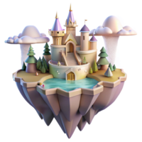 dramatic abstract A floating island with castles and waterfalls, soft pastel colors, fantasy art style, golden hour lighting, bird's-eye view detailed png