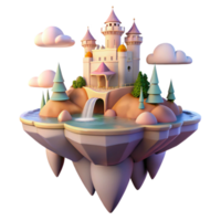 elegant artistic A floating island with castles and waterfalls, soft pastel colors, fantasy art style, golden hour lighting, bird's-eye view original png
