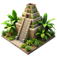 magnificent rustic An ancient Mayan temple overgrown with jungle vegetation, dappled sunlight, realistic style, aerial perspective detailed png