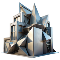 dramatic vintage A decontructivist building with fragmented shapes and sharp angles, metallic surfaces, harsh lighting, abstract style high quality png
