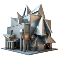 elegant artistic A decontructivist building with fragmented shapes and sharp angles, metallic surfaces, harsh lighting, abstract style 4K png