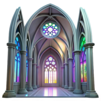 dramatic creative Gothic cathedral interior, stained glass windows casting colorful light, intricate stone carvings, high vaulted ceiling, ethereal atmosphere genuine png