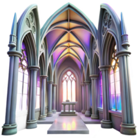 serene traditional Gothic cathedral interior, stained glass windows casting colorful light, intricate stone carvings, high vaulted ceiling, ethereal atmosphere original png