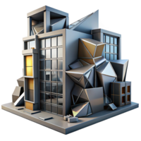 stunning creative Deconstructivist office building, fragmented forms, metallic surfaces, dynamic composition, dramatic lighting detailed png