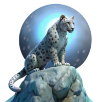 impressive modern A majestic snow leopard perched on a jagged, icy cliff, illuminated by the soft glow of a full moon, rendered in a hyperrealistic style 4K png