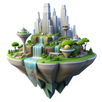 extraordinary classic Floating island city, futuristic architecture, waterfalls cascading down, lush vegetation, utopian atmosphere high quality png