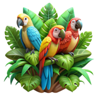 impressive rustic A group of colorful macaws perched on a vibrant jungle vine, lush foliage, highly saturated colors, digital painting style genuine png