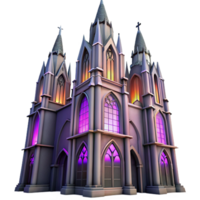 wonderful creative A towering Gothic skyscraper, intricate gargoyles and stained glass windows, illuminated by a soft purple sunset, hyperrealistic, high quality png
