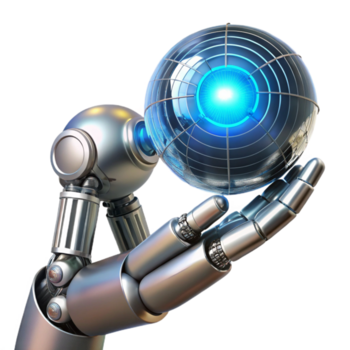 lindo abstrato uma cromada robótico braço delicadamente segurando uma brilhando esfera do dados, intrincado fios expor, estúdio iluminação, cyberpunk estilo 4k png