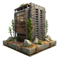 dramatic artistic A desolate landscape with a lone, rusted server rack overgrown with vines, dim overcast lighting, post-apocalyptic style premium png