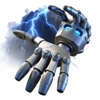 beautiful abstract A giant robot hand reaching down from a stormy sky, dramatic lighting with lightning strikes, sci-fi style exclusive png