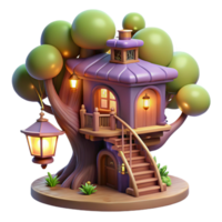 wonderful minimalist A whimsical treehouse with winding staircases and glowing lanterns, enchanted forest setting, fairytale, high resolution png