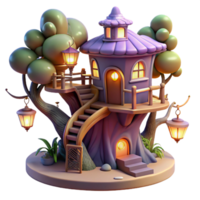 impressive abstract A whimsical treehouse with winding staircases and glowing lanterns, enchanted forest setting, fairytale, detailed png