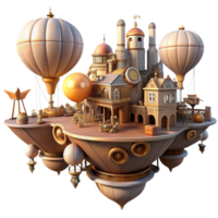 wonderful creative A floating island city, steampunk airships, intricate clockwork mechanisms, warm sunset glow, fantasy style 4K png