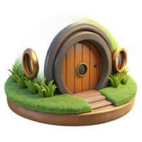 magnificent rustic A hobbit hole, nestled in a hillside, round wooden door, lush green grass, idyllic setting premium png