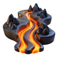 vibrant artistic A winding river of molten lava flowing through a black, volcanic landscape, lit by the fiery glow of the lava, in a surreal, abstract style detailed png