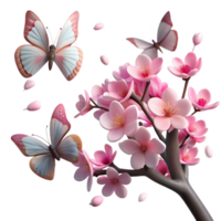 magnificent rustic A group of butterflies fluttering around a blooming cherry tree, illuminated by soft, diffused sunlight, in a romantic, painterly style original png