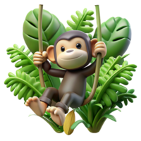 magnificent rustic A playful chimpanzee swinging through a lush jungle canopy, dappled sunlight filtering through the leaves, illustrated in a vibrant, cartoonish style high quality png