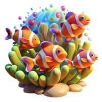 dramatic traditional A school of colorful clownfish darting through a coral reef, sunlight streaming through the water, rendered in a vibrant, impressionistic style high quality png
