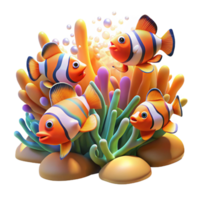 magnificent classic A school of colorful clownfish darting through a coral reef, sunlight streaming through the water, rendered in a vibrant, impressionistic style premium png