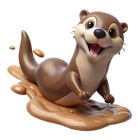 magnificent abstract A playful otter sliding down a muddy riverbank, splashing water everywhere, illustrated in a whimsical, cartoonish style high resolution png