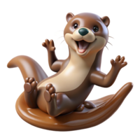 dramatic classic A playful otter sliding down a muddy riverbank, splashing water everywhere, illustrated in a whimsical, cartoonish style authentic png
