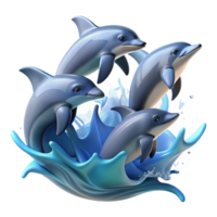 magnificent creative A pod of dolphins leaping out of the ocean, waves crashing around them, captured in a dynamic, action-packed style with sharp focus and bright lighting genuine png