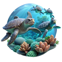 beautiful minimalist A group of sea turtles swimming through crystal clear water, coral reefs visible below, captured in a serene, underwater style with soft lighting and cool colors high quality png