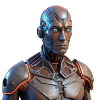 extraordinary modern A stoic cyborg, half-machine, half-flesh, intricate wires and glowing circuits beneath torn skin, lit by a single, overhead spotlight, cyberpunk style original png