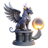 magnificent modern A majestic griffin perched atop a crumbling obsidian tower, illuminated by the ethereal glow of three moons, Art Nouveau style premium png