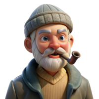 dramatic creative A weathered old fisherman with a wrinkled face and a pipe, squinting into the distance, harsh sunlight, realistic style 4K png