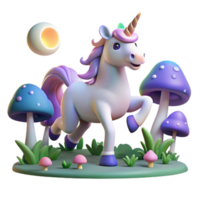 serene traditional A whimsical unicorn prancing through a field of glowing mushrooms, moonlight, Lisa Frank style high resolution png