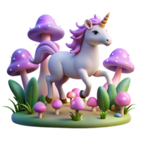 stunning artistic A whimsical unicorn prancing through a field of glowing mushrooms, moonlight, Lisa Frank style high quality png