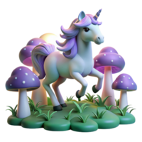 magnificent contemporary A whimsical unicorn prancing through a field of glowing mushrooms, moonlight, Lisa Frank style detailed png