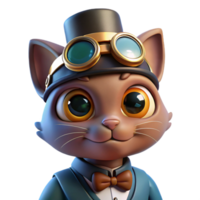 stunning contemporary A portrait of a steampunk cat wearing a tiny top hat and goggles, with a mischievous expression, lit by a soft, diffused light genuine png